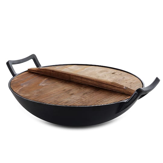General Store Addlestone 14" Heavy Duty Cast Iron Wok with Wood Lid